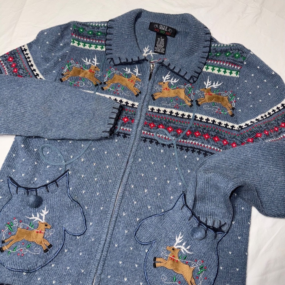 Segue Vintage Holiday Reindeer Embroidered Zip Cardigan Sweater Blue Womens S